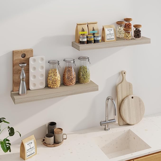 Fun Memories Floating Shelves for Wall, 32Inch Floating Shelves Set of 2, Hanging Shelf with Invisible Brackets, Wood Shelves for Living Room, Bedroom, Kitchen, Grey