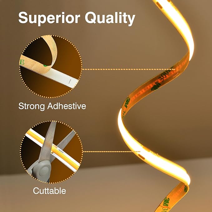 Pandery COB LED Strip Lights Warm White,24V Dimmable led Light Strip KIT with Remote and app Control,3000K 32.8FT/2 * 5m 8mm Wide Ra>90 Cuttable Flexible Strip Lights for Bedroom,Wardrobe,Cabinet