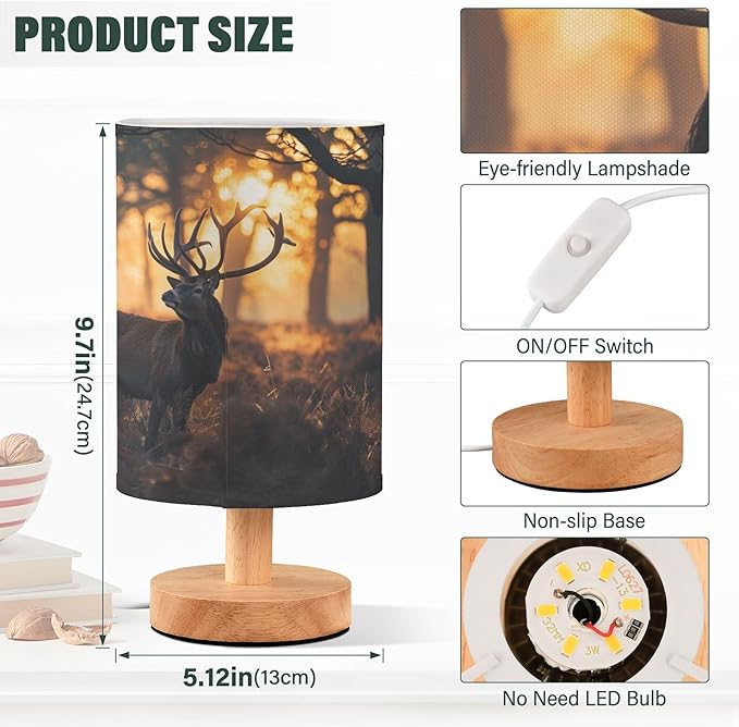 Table Lamp Deer in Sunrise Forest Nightstand Lamp with Wood Base Fabric Lamp Shade Bedside Desk Lamp for Living Room Bedroom Kids Room Office