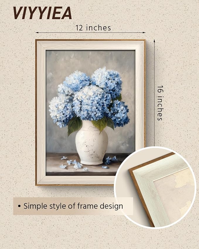 VIYYIEA Vintage Framed Wall Art for Living Room, Blue Hydrangea Canvas Prints, Oil Painting Home Decor, Flowers Picture, Bathroom Wall Decor Gifts for Friends or Family - 16L x 12W