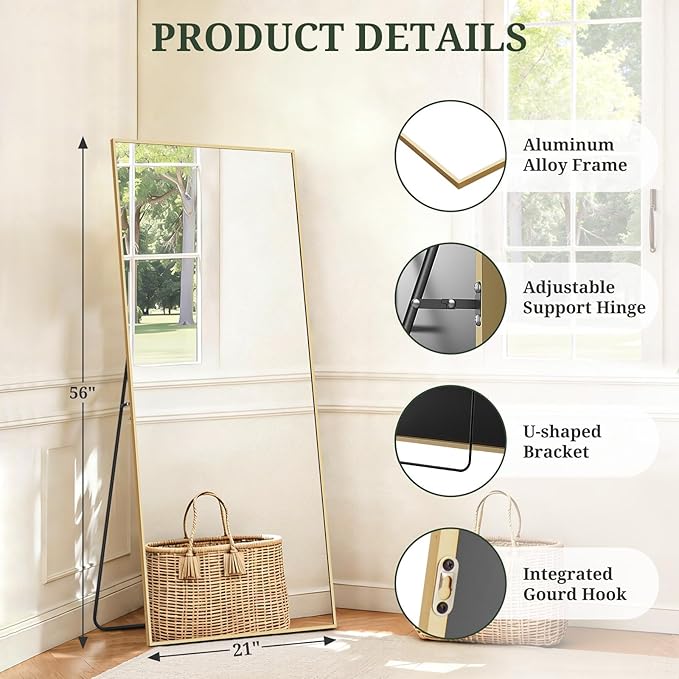 Mirror Full Length 56"x21" Full Body Floor Mirror with Stand, Shatterproof Glass, Aluminum Alloy Frame, Free Standing Wall Mounted or Leaning Rectangle Mirrors for Bedroom Living Room Entryway