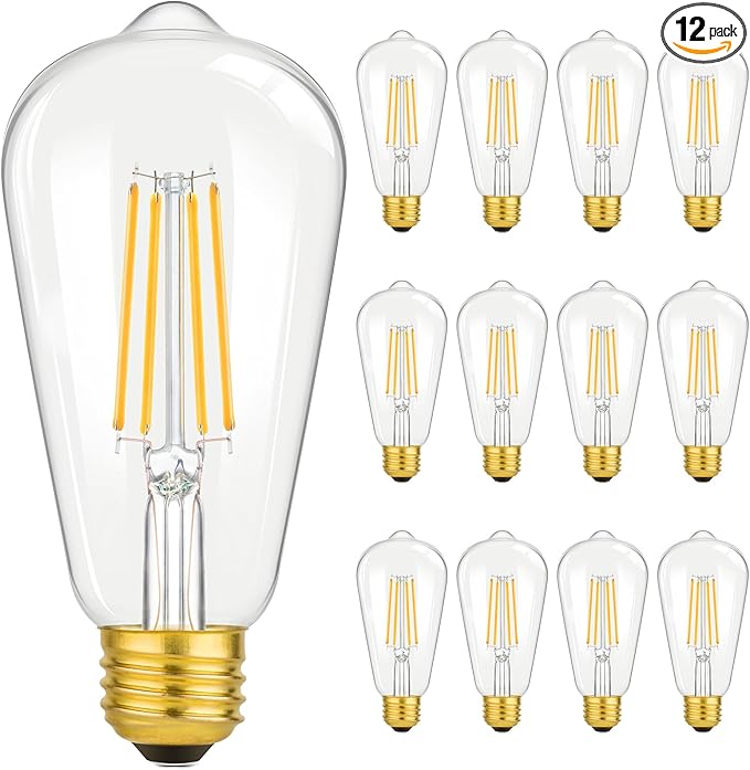 Vintage LED Edison Bulbs, 8W Equivalent 100W, 1400LM ST64 Antique LED Light Bulbs, Filament Bulbs with 90+ CRI, Warm White 2700K, E26 Medium Base, Clear Glass, Non-Dimmable, 12-Pack