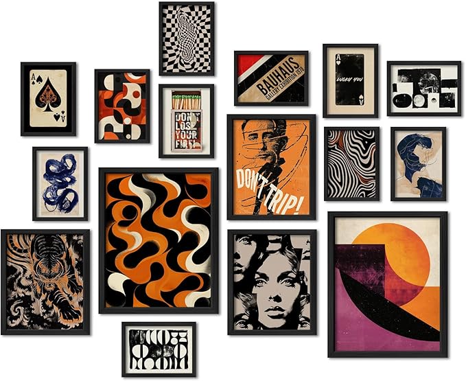 ANERZA 16 PCS Retro 70s Wall Art Decor, Eclectic Vintage Gallery Wall Prints for Bedroom, Abstract Minimalist Posters for Living Room Aesthetic, Collage Kit Pictures, 60s 80s 90s Dorm Home Decor