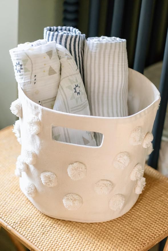 Pehr Pom Pom Basket, Pint (Natural) | 100% Cotton Canvas Storage for Nursery, Playroom & Home | Decorative Organizer | 10”D x 9”H