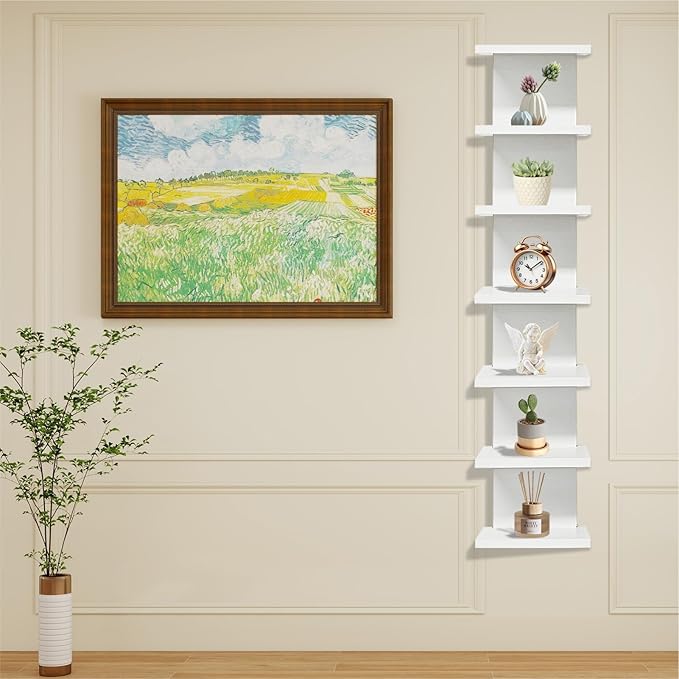 Eunika 7-Tier White Floating Wall Shelf, Tall Vertical Column Storage Organizer Modern Narrow Space Saving Design for Bedroom, Living Room, Home Decor & Display