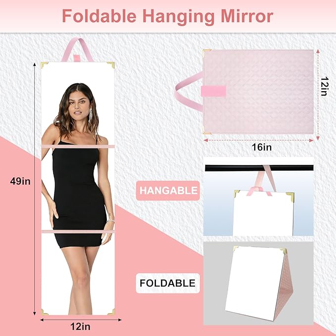 49 x 12 Inches Foldable Portable Full Length Mirror for Travel, Shatterproof Trifold Hanging Folding Mirror for Camping, Dance Bag with Garment Rack, Makeup Full Body Over the Door, Large, RV, Pink