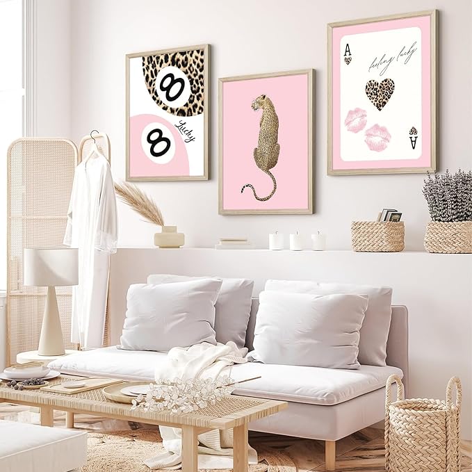 Trendy Leopard Wall Art Cheetah Print Canvas Wall Decor 8 Ball Poster Preppy Room Aesthetic Pictures Funky Coquette Vintage Prints Y2k Fashion Lucky Posters for Bedroom 16x24x3 Inch Framed