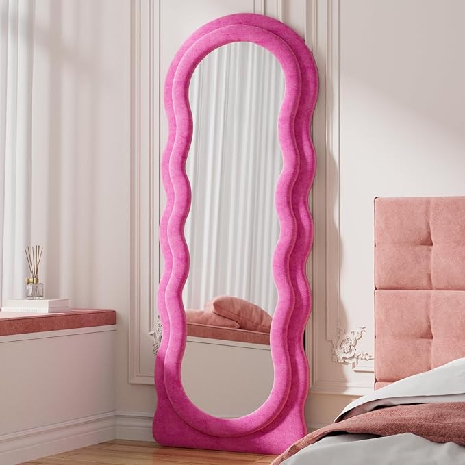 Rowjut Full Length Mirorr, 63"x24" Mirrors Full Length, Irregular Wavy/Wall Mounted/Standing Floor Mirror with Flannel, Body Mirorr Hanging or Leaning Against Wall for Bedroom (Pink)
