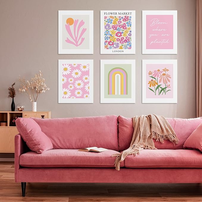 Habseligkeit Pink Danish Pastel Wall Decor for Girls Dorm, Boho Matisse Wall Art Prints, Flower Market Posters for Room Decor Aesthetic Unframed, 8x10in, Set of 6