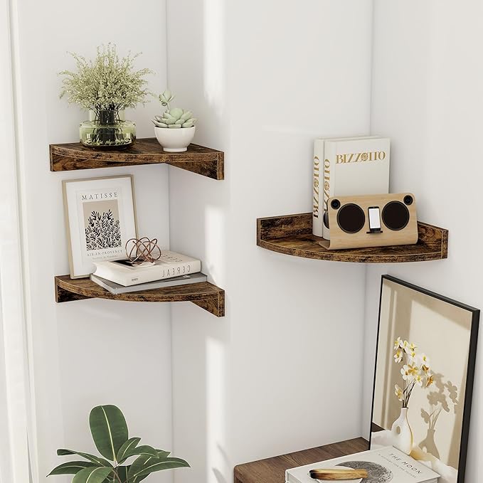 Corner Shelves 3-Pack for Bathroom & Kitchen, Space-Saving Floating Corner Wall Shelf with Easy Installation- Brown
