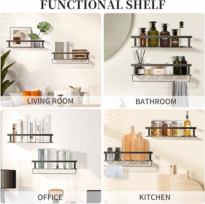 Uten Floating Shelves, Wall Mounted Iron Shelves Set of 2, Bathroom Storage Iron Shelves with Towel Rack, Wall Hanging Organizer Decor Shelf for Bathroom, Kitchen, Bedroom, Living Room