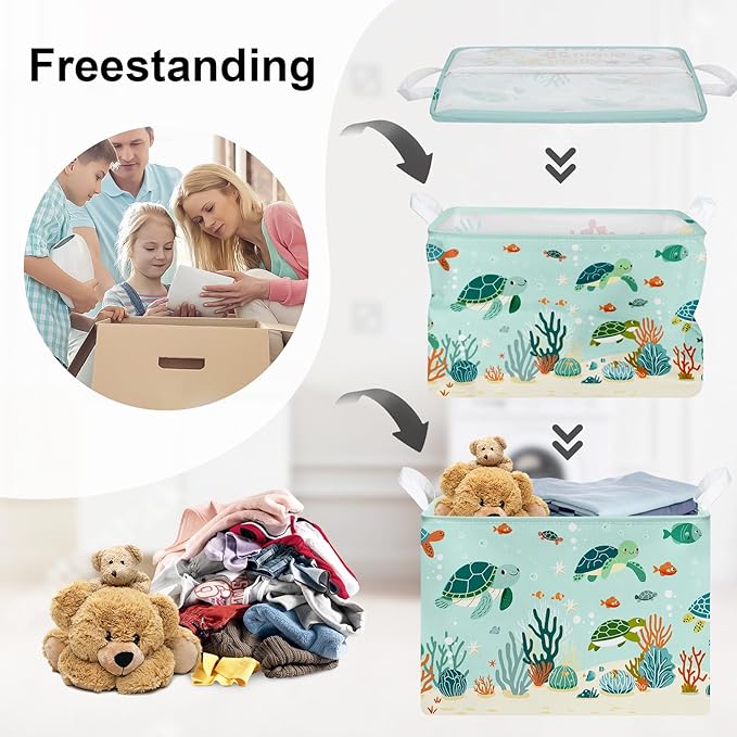 Sea Animals Laundry Hamper Ocean Fish Coral Large Storage Basket Parents Organizer Kids Clothes Toy Bins for Bedroom, Bathroom, Green Turtles, 36L