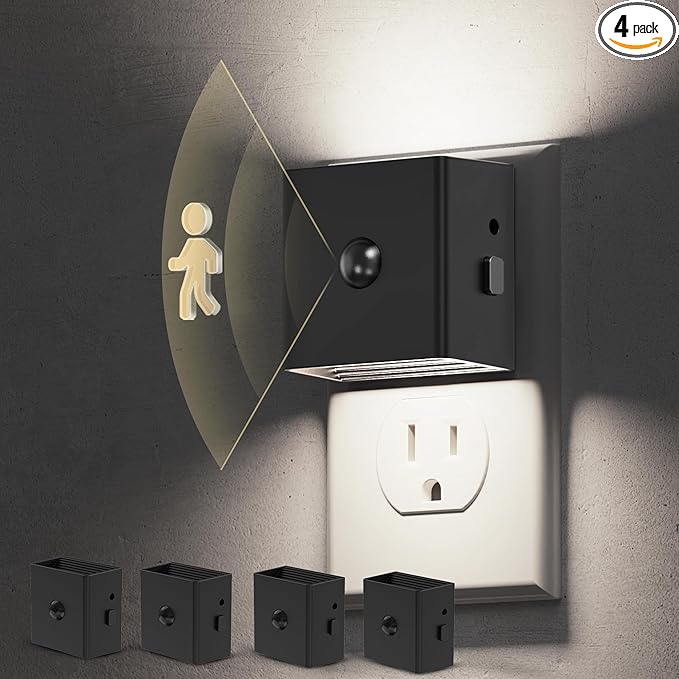 L LOHAS LED Motion Sensor Night Light, [4-Pack] Motion Activated Night Light, Motion Sensor and Dusk to Dawn Sensor, Brightness Adjustable, 5000K Daylight White Nightlight for Bathroom Hallway Kitchen