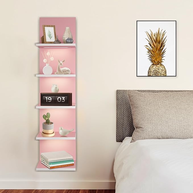 5 Tier Pink Wall Shelf Unit, Pink Shelves, Wall Shelves for Bathroom,Bedroom, Vanity Shelves, Wall Mount Vertical Lack Shelf with led