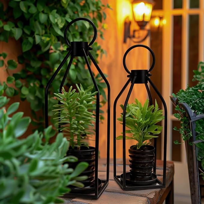 Homemory Modern Farmhouse Lantern Decor with Waterproof Flameless Candle & Remote Timer, 2PCS Black Metal Candle Lantern Decorative for Outdoor Indoor Home Living Room Patio Porch Table