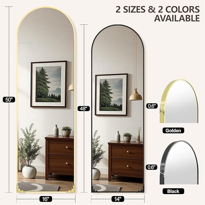 50"x16" Door Mirror, Arched Full Length Mirror, Over the Door Mirrors Full Length, Hanging Mirrors for Bedroom, Bathroom, Gold