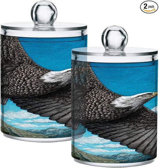 2 Pack Apothecary Jars,Bald Eagle Sky Bathroom Vanity Storage Organizer Set,Small Clear Plastic Storage Jars Bathroom Canister for Cotton Swabs,Rounds,Balls,Qtips,Makeup Sponges
