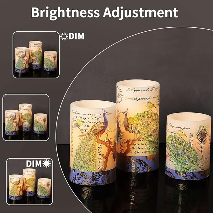 Flameless Candles Peacock Decor Battery Operated Candle with Remote Real Wax Flickering LED Pillar Candle Vintage Home Decor for Spring, Summer, Wedding Decor, Mothers Day Gifts