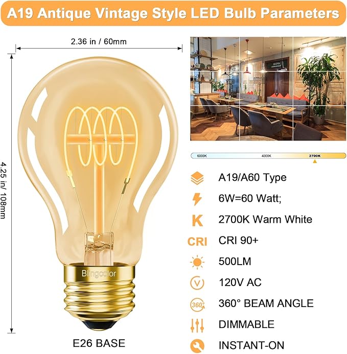 BLINGCOLOR A19 Vintage LED Edison Bulbs 60 Watt, 4-Pack Dimmable E26 A19 6W LED 2700K Warm White Light Bulbs, E26 Base 6W Equal 60W A19/A60 Decorative Amber Light Bulb, 500LM (Upgrade Version)