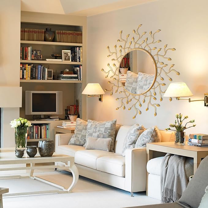 Chende 47" x 47" Large Round Decorative Mirror, Living Room Wall Mirror with Metal Leaves, Gold Mirror Wall Decor with Frame for Hallway, Dining Room, Bedroom