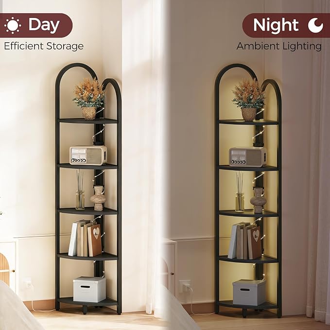 MAHANCRIS 5-Tier Corner Shelf with LED Light, 64.6'' Arched Corner Bookshelf, Narrow Storage Shelf with Metal Frame, for Living Room, Bedroom, Small Spaces, Black CSBK55101