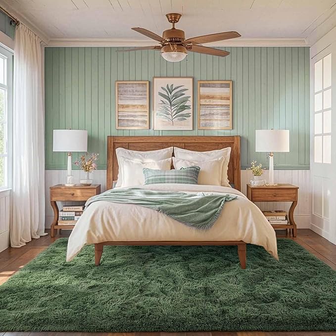 FinRèc 9x12 Feet Green Rug for Living Room Bedroom, Fluffy Fuzzy Shag Rugs, Non-Slip Furry Shaggy Area Rug for Nursery Kids Room Dorm Room Home Decor, Indoor Floor Carpet
