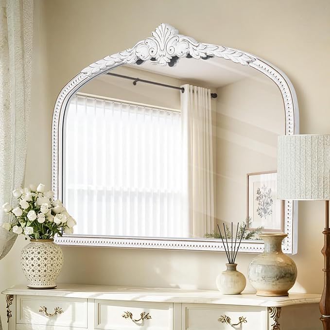 Farmhouse Wooden Wall Mirror - 32x42 Inches Antique White Baroque Wide Arched Decorative Mirror, Vintage Ornate Beaded Mirror for Living Room, Entryway, Mantel