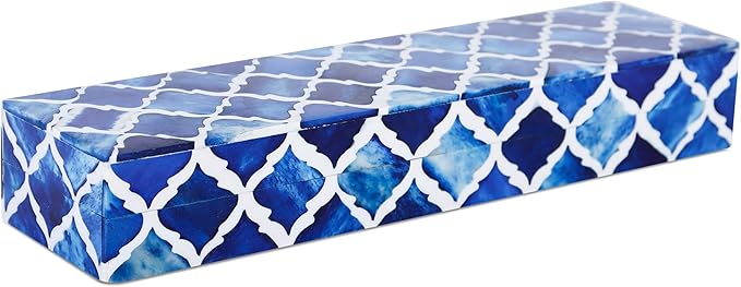 Handicrafts Home Decorative Storage Box with Lid, Moroccan Remote Control Holder Box, Slim Coffee Table Storage Organizer, Bone Inlay Resin Wooden Desk Shelf Storage Box, Blue, 10 x 2.5 x 1.5