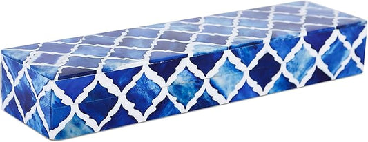 Handicrafts Home Decorative Storage Box with Lid, Moroccan Remote Control Holder Box, Slim Coffee Table Storage Organizer, Bone Inlay Resin Wooden Desk Shelf Storage Box, Blue, 10 x 2.5 x 1.5