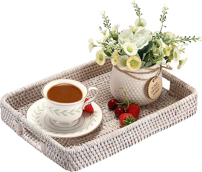Hipiwe Rattan Serving Tray with Handles Handwoven Basket Tray for Storage Breakfast Dessert Fruit Decorative Tray for Coffee Table, Whitewash