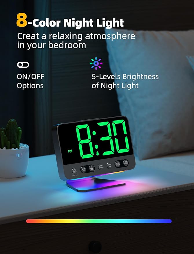 Odokee Digital Alarm Clocks for Bedrooms: Large Bold Number 5 Brightness Dimmer - Easy to Read Across The Room - 5 Alarm Sound 8 Night Light - Green