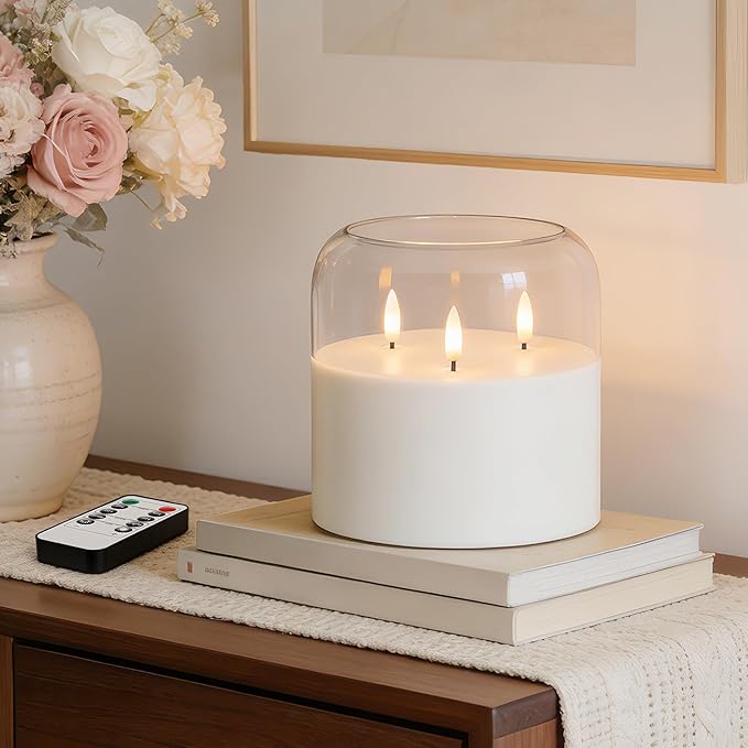 3 Wick Glass Flameless Candle with Remote and Timer, 6"x6" Extra Large Real Wax LED Pillar Candle Battery Operated with 3D Flickering Flame for Festival Wedding Home Party Decor (Clear)
