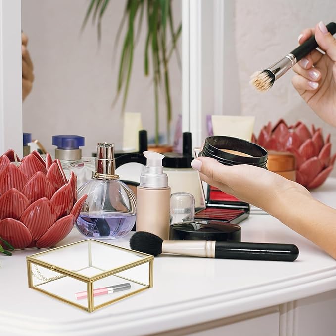 INOOMP Jewelry Container Glass Case with Lid Gold Alloy Frame Glass Perfume and Cosmetic Organizer Dustproof Jewelry Storage Box for Home Desktop