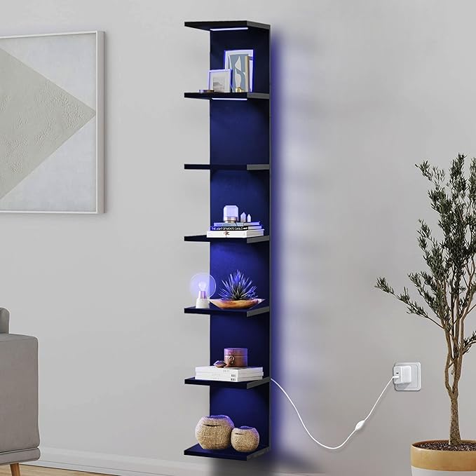 VIWODS 7-Tier Wall Shelf with 10 RGB Lighting Modes, Multifunctional Wall Mounted Vertical Display Floating Shelf for Bedroom Living Room Vanity, Black