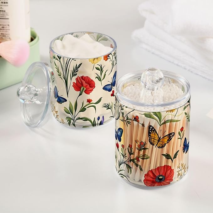 2 Pack Qtip Holder Dispenser for Cotton Ball Butterfly Tulip Wildflower Swab Round Pads Clear Plastic Acrylic Jar Set Bathroom Canister