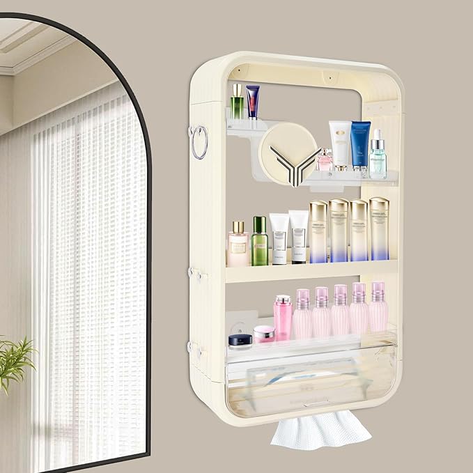 4 Tier Makeup Organizer Bathroom Storage Organizer Wall Mounted for Vanity Perfume Organizers Hangable Cosmetic Organizer Display Cabinet Skincare Storage Rack,Beige and Transparent
