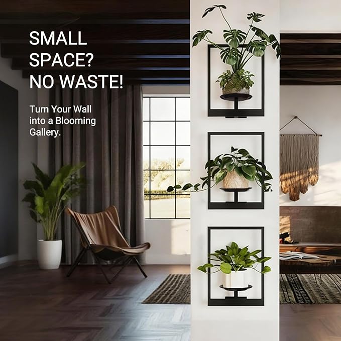 Plant Wall Shelf, Metal Modern Style Frame, Picture Wall Plant Holder, Plant Frames for Living Space Decor Display Stand for Living Room Balcony Garden Patio (3 PACK(BLACK ))