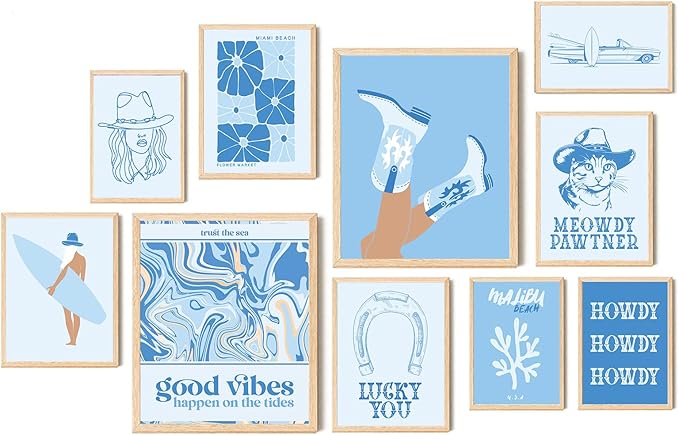 Aroutde 10Pcs Coastal Cowgirl Canvas Wall Art Print Light Blue Beachy Surfer Girl Posters Preppy Aesthetic Granddaughter Room Decor for Teen Girl Bedroom Dorm Apartment Decoration (Unframed)