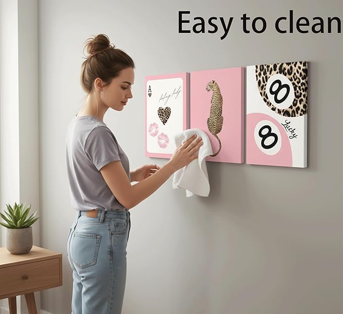 3Pcs Pink Trendy Leopard Print Canvas Wall Art, Fashion Cheetah Posters,Luxury Playing Card Pictures,Y2k Preppy Aesthetics Wall Decor for Girls' Room Bedroom Dorm Apartment. 16x12in Framed