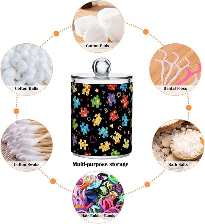 Puzzle Pieces Black Print Bathroom Containers Holder with Lids Set Clear Jars 2 Pack Plastic Makeup Storage Organizer 4.13 x 2.75In for Floss Picks Balls Vanity