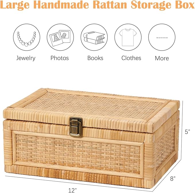 Rattan Box with Lid Decorative Natural Handmade Boho Rattan Baskets Woven Wicker Cane Bins Keepsake Memory Jewelry Boxes Rectangular Desk Shelf Closet Organizer Container (Large Size)