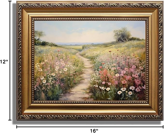 KBKBART Gold Framed Vintage Wall Art, Vintage Spring Decor, Wildflower Countryside Canvas Oil Painting Farmhouse Decor Wall Art, Rustic Antique Landscape Bathroom Wall Decor for Bedroom Living Room, Gifts for Friends or Family(12"x16")