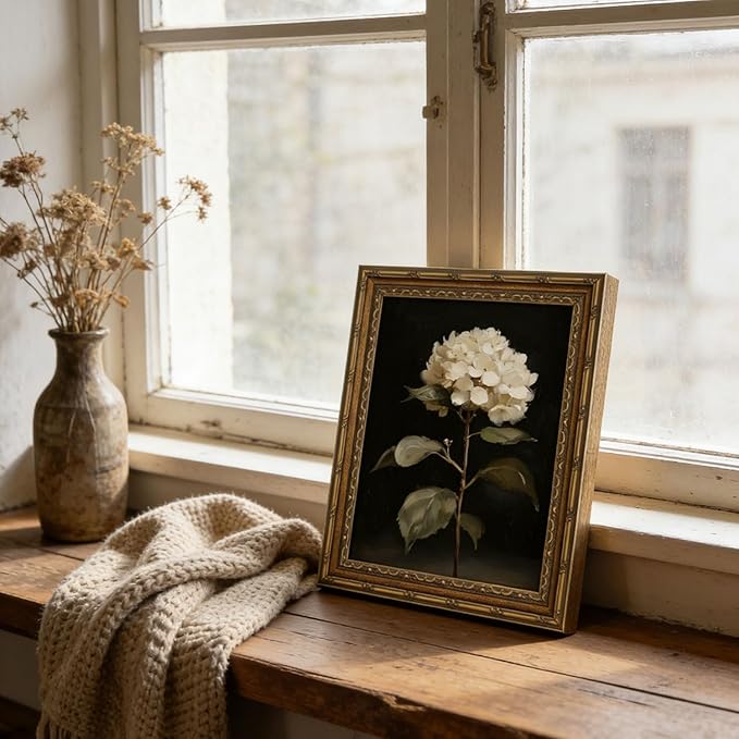 Vintage Gold Framed Wall Art White Hydrangea Wall Art Vintage Botanical Floral Wall Decor Picture Rustic Cottagecore Aesthetic Flower Poster Print for Living Room Bedroom 9x11in