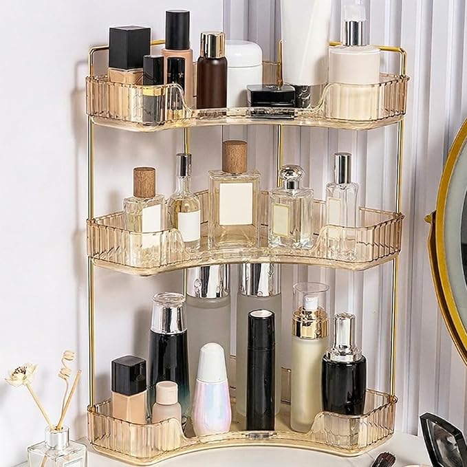Multi-Tier Corner Countertop Organizer Rack, Makeup Organizer Countertop, Bathroom Counter Organizer, for Skincare and Cosmetics, Ideal Vanity Gift (Transparent Gold, 3-Tier)
