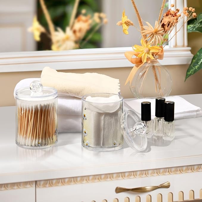 2 Pack Apothecary Jars Little Daisies and Black Cats Bathroom Vanity Storage Organizer Set,Small Clear Plastic Storage Jars Bathroom Canister for Cotton Swabs, Rounds, Balls, Qtips,Makeup Spong