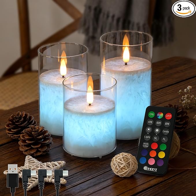 Rechargeable Ice Crystal Glass Flameless Candles, RGB Color Changing Realistic Flickering Flameless Candles with Remote & Timer,Best Festival Wedding Home Party Decor - Set of 3