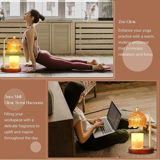 Adjustable Flower Candle Warmer Lamp with Timer, Lotus Tulip Glass Warmer Light for Jar Candles, Electric Wax Warming Melter, Gifts for Women Mom, Vintage Bedroom Decor (Amber)