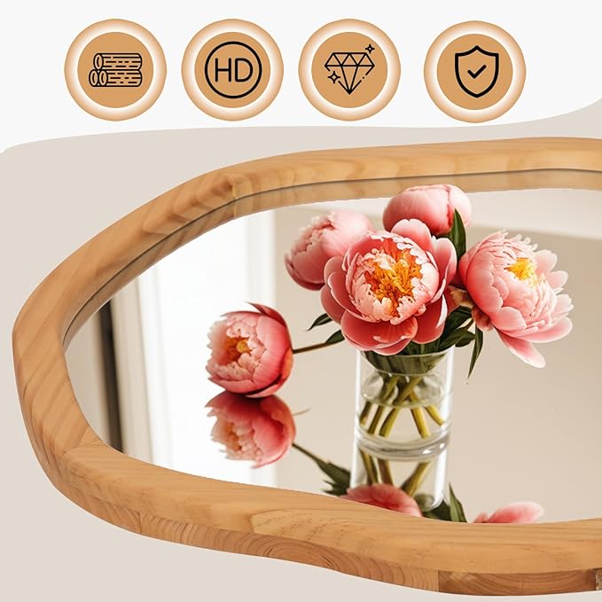 ULIKE Round Wood Mirror, 24 Inch Irregular Circle Vanity Wall Mirror with Wooden Frame, Rustic Decorative Wall Mount for Bathroom Bedroom Living Room Entryway, Natural