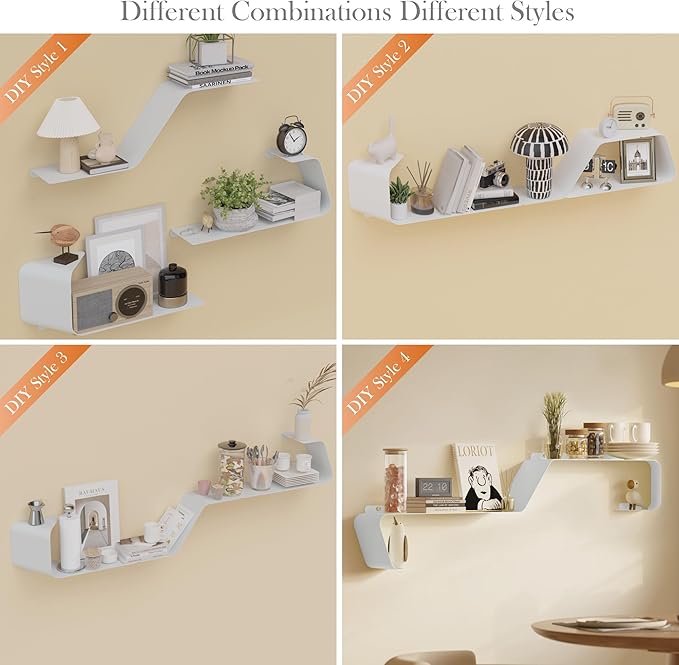 Sttoraboks Floating Shelves - Set of 3 Wall Mounted Metal Shelves with Unique Design for Wall Storage, Book Shelf, Display Shelves for Bathroom, Bedroom, Kitchen, Living Room, White