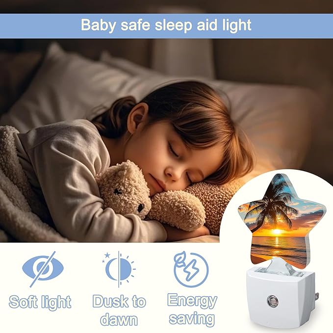 Tropical Palm Trees Nightlight,Sunset Beach Star Night Lights Plug into Wall Decorations for Bedroom Bathroom,Dusk to Dawn Sensor Kitchen Hallway Stairs Energy Efficient Desk Lamp